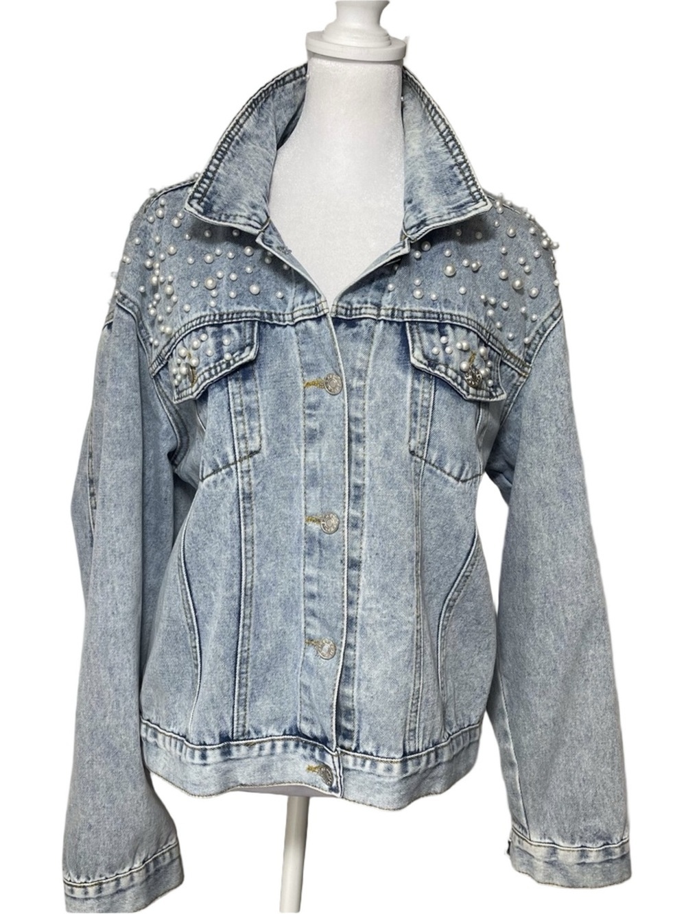 Denim Pearl Embellished Jean Jacket Chest Pockets Stone Washed Light Blue XL